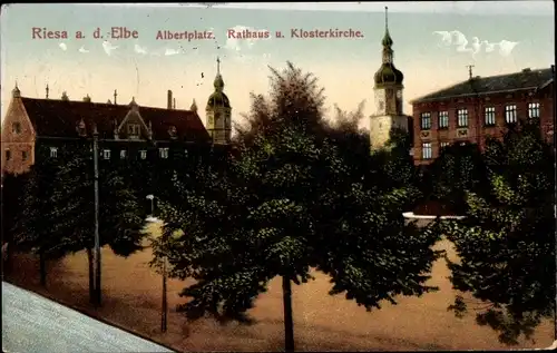 Ak Riesa an der Elbe Sachsen, Albertplatz, Rathaus, Klosterkirche