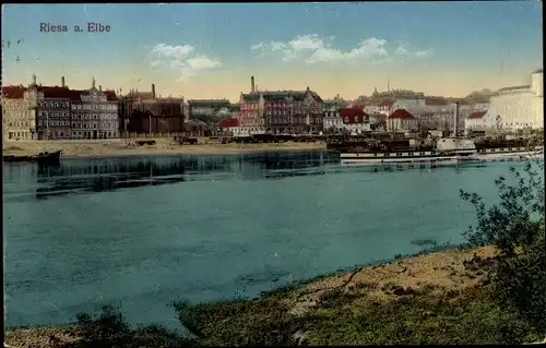 Ak Riesa an der Elbe Sachsen, Teilansicht, Dampfschiff