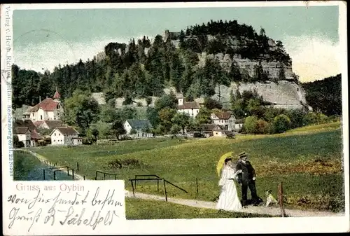 Ak Oybin in der Oberlausitz, Berg, Ortsansicht, Kirche, Paar, Hund