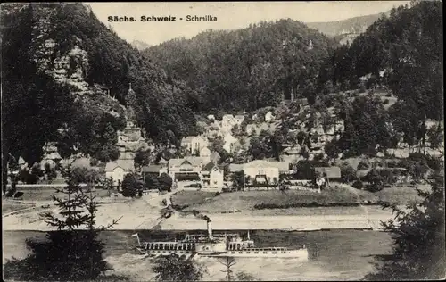 Ak Schmilka Bad Schandau in Sachsen, Gesamtansicht, Dampfer auf der Elbe
