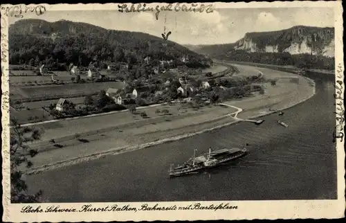 Ak Rathen an der Elbe Sächsische Schweiz, Bahnseite mit Basteifelsen