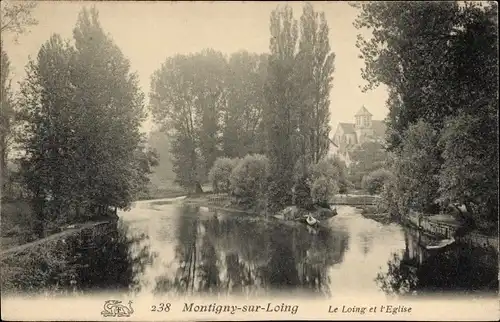 Ak Montigny-sur-Loing Seine et Marne, Le Loing, L’Eglise