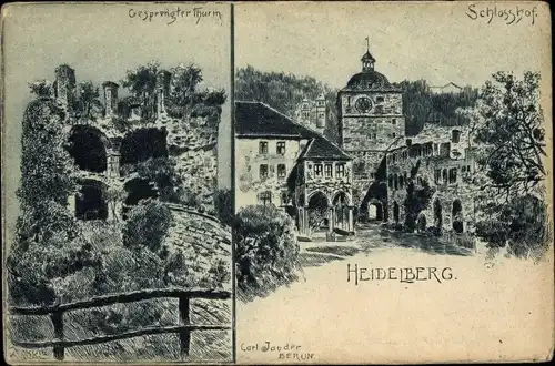 Künstler Ak Heidelberg am Neckar, gesprengter Turm, Schlosshof