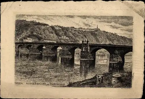 Künstler Ak Trier an der Mosel, Römerbrücke, Mariensäule