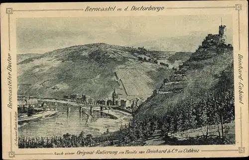 Künstler Ak Bernkastel an der Mosel, Panorama mit Doctorberg, Deinhard & Co., Berncasteler Doctor