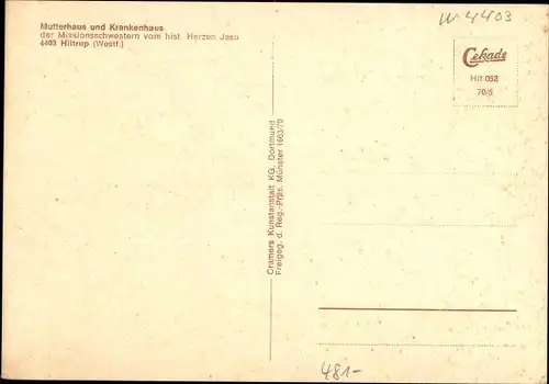 Ak Hiltrup Münster Westfalen, Mutterhaus, Krankenhaus der Missionsschwestern vom hist. Herzen Jesu