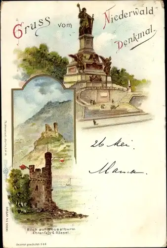 Litho Rüdesheim am Rhein in Hessen, Niederwalddenkmal, Mäuseturm, Ehrenfels, Rössel