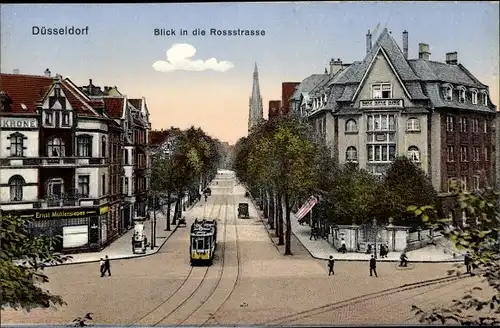 Ak Düsseldorf am Rhein, Blick in die Rossstraße, Straßenbahn, Kirche, Ernst Mühlensiepen