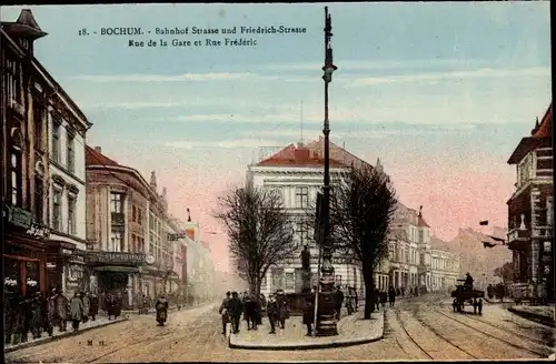 Ak Bochum im Ruhrgebiet, Bahnhofstraße und Friedrichstraße, Denkmal, Geschäfte, Stehbierhalle