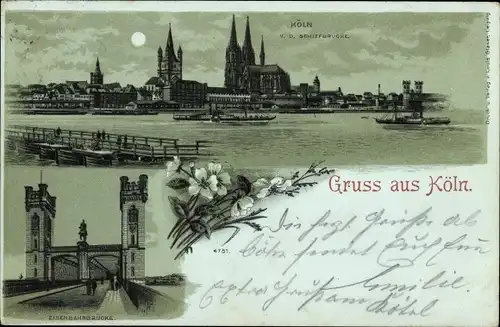Mondschein Litho Köln am Rhein, Eisenbahnbrücke, Dom, Schiffe