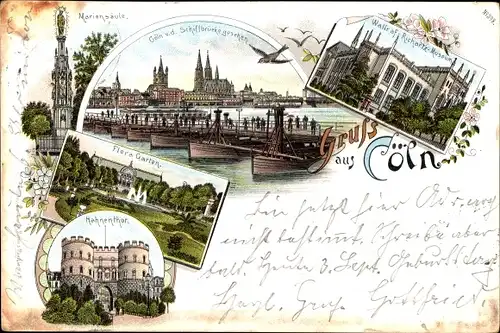 Litho Köln am Rhein, Blick von der Schiffbrücke, Mariensäule, Hahnen Tor, Wallraf Richartz Museum