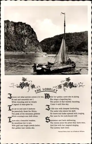 Ak Sankt Goarshausen am Rhein, Loreley, Segelboot, Gedicht