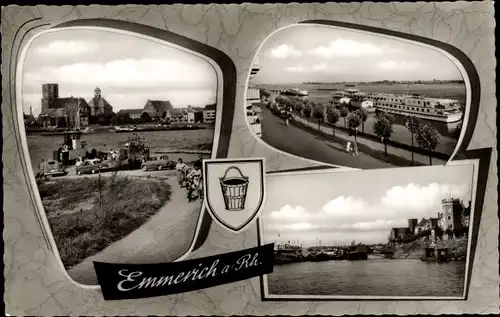 Ak Emmerich am Niederrhein, Ortsansicht, Rhein, Schiff, Wappen