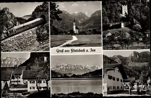 Ak Flintsbach am Inn Oberbayern, Teilansichten, Eisenbahn, Kirche, Burg