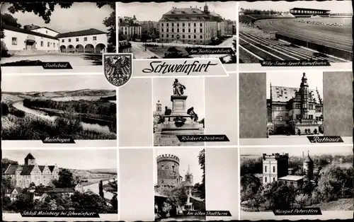 Ak Schweinfurt in Unterfranken Bayern, Sachsbad, Justizgebäude, Wappen, Mainbogen, Denkmal, Rathaus