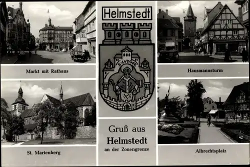 Ak Helmstedt in Niedersachsen, Markt, Rathaus, St. Marienberg, Wappen, Hausmannsturm, Albrechtsplatz
