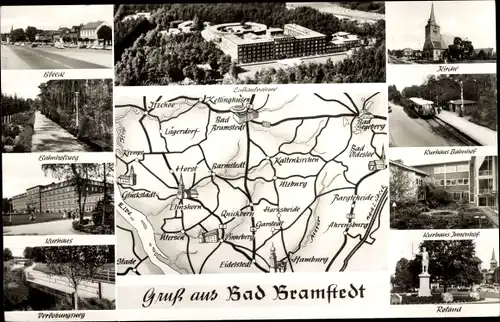Landkarten Ak Bad Bramstedt in Holstein, Bahnhofsweg, Kurhaus, Verlobungsweg, Kirche, Bleeck