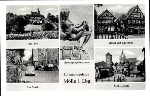 Ak Mölln im Herzogtum Lauenburg, Am See, Eulenspiegelbrunnen, Markt mit Museum, Mühlenplatz