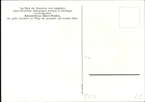 Reklame Ak Die Klosterfrau Maria Clementine Martin, Klosterfrau Melissengeist, Aktiv-Puder