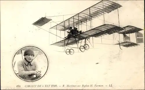 Ak Circuit de l'Est 1910, Martinet sur Biplan Farman