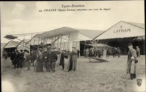 Ak Lyon Aviation, Chavez wartet darauf, dass er abfliegt, Farman Biplane