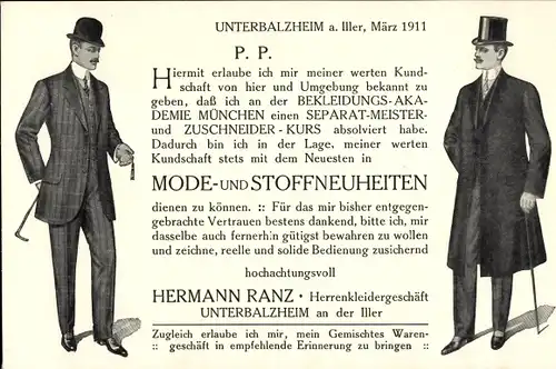 Ak Unterbalzheim Balzheim, Herrenkleidergeschäft Hermann Ranz, Reklame