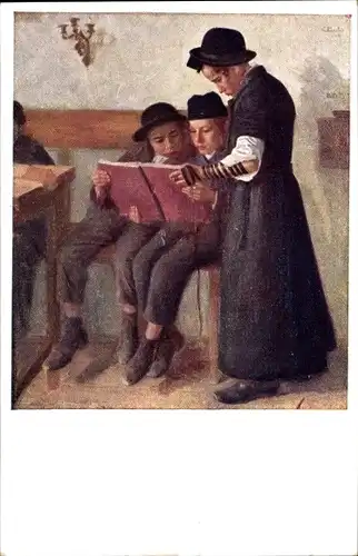 Judaika Ak Kinder beim Buchlesen, Holzbank, Tisch, Jüdische Kinder