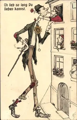 Künstler Ak Oh lieb so lang Du lieben kannst, riesiger Mann, Frau am Fenster