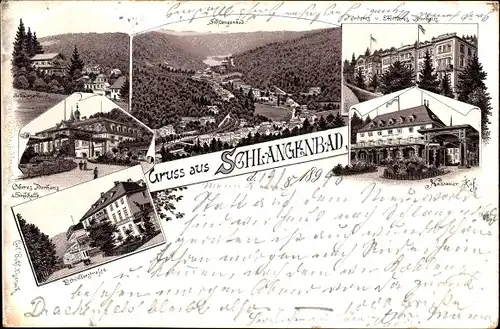 Litho Schlangenbad Hessen, Nassauer Hof, Kurhaus, Eltvillerstraße, Kurhaus, Trinkhalle,Schweizerhaus