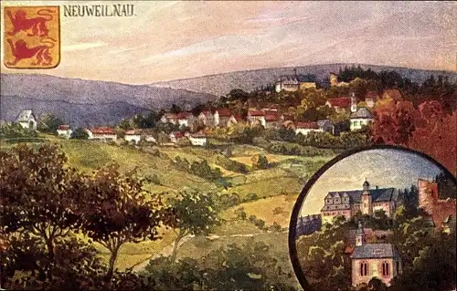 Künstler Ak Rothgeb., G., Neuweilnau Weilrod im Taunus, Gesamtansicht, Schloss Ruine, Wappen