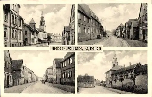 Ak Nieder Wöllstadt in Hessen, Straßenpartien, Geschäftshäuser, Kirche, Gasthaus Zum Gambrinus