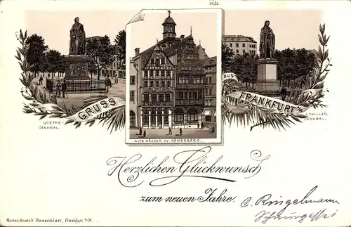 Litho Frankfurt am Main, alte Häuser am Römerberg, Schillerdenkmal, Goethedenkmal