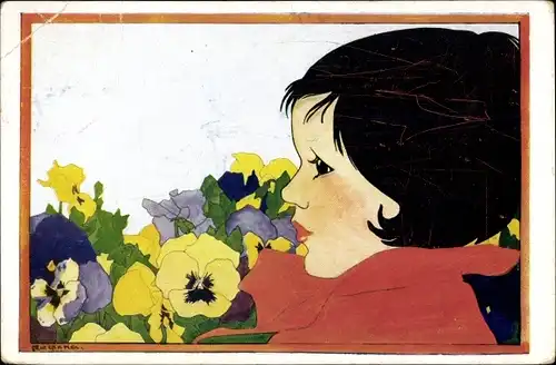 Künstler Ak Cramer, Rie, Kind, Stiefmütterchen