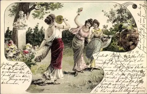 Litho Frauen in historischer Kleidung in einem Garten