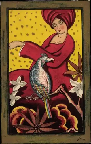 Künstler Ak Frau im roten Kleid mti Fantasievogel