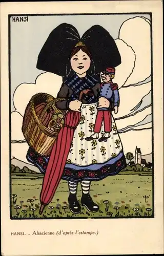 Künstler Ak Hansi, Mädchen mit Soldatenpuppe in Tracht aus dem Elsass