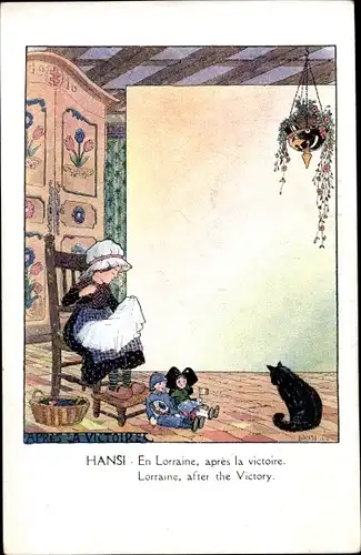 Künstler Ak Hansi / Jean Jacques Waltz, En Lorraine, après la victoire, Näherin, Puppen, Katze