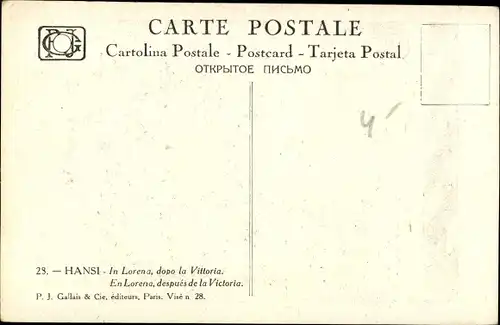 Künstler Ak Hansi / Jean Jacques Waltz, En Lorraine, après la victoire, Näherin, Puppen, Katze