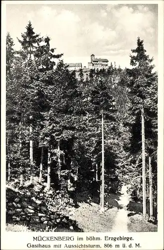 Ak Komáří hůrka Mückenberg im Erzgebirge Region Aussig, Gasthof mit Aussichtsturm