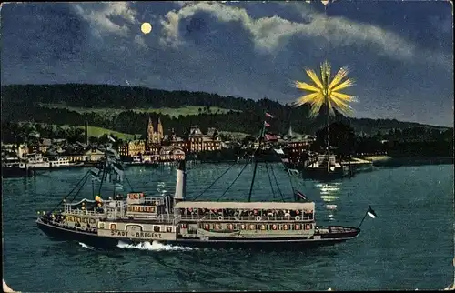 Ak Bregenz am Bodensee Vorarlberg, Gesamtansicht, Dampfer Stadt Bregenz bei Nacht