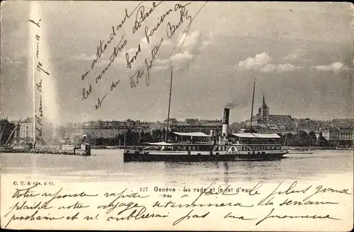 Ak Genève Genf Schweiz, Der Hafen und der Jet d'eau, Salondampfer Schweiz