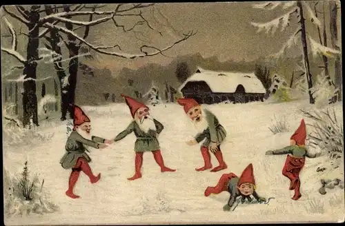 Ak Tanzende Zwerge im Wald, Winterlandschaft