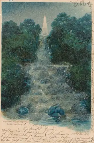 Glitzer Litho Berlin Kreuzberg, Wasserfall im Victoriapark bei Beleuchtung