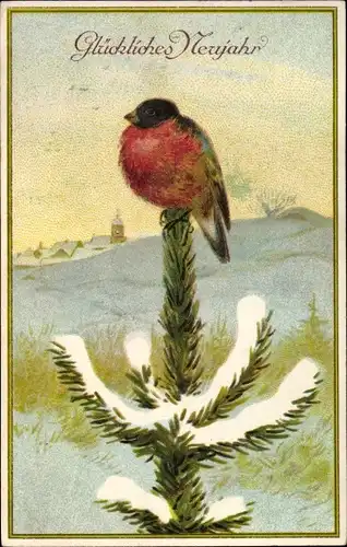 Ak Glückwunsch Neujahr, Vogel auf einem Tannenbaum