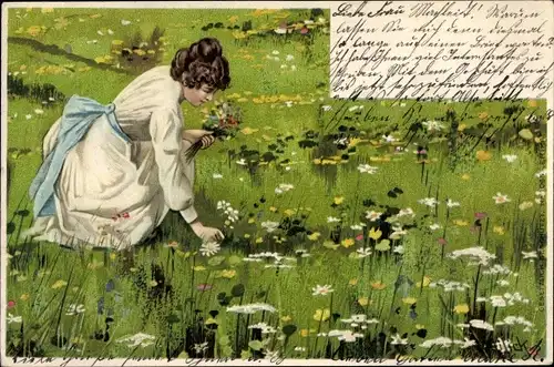 Künstler Litho Mailick, Frau pflückt Wiesenblumen