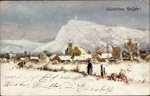 Ak Glückwunsch Neujahr, Winterlandschaft mit Ortschaft und Bergen