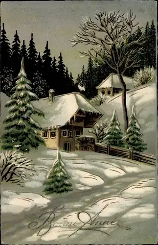 Präge Litho Glückwunsch Neujahr, Winterlandschaft mit Häusern