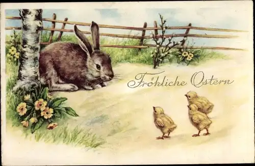 Künstler Ak Glückwunsch Ostern, Osterhase mit Küken, Amag 3346
