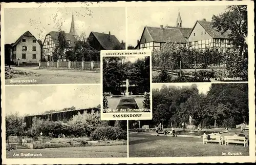 Passepartout Ak Bad Sassendorf im Kreis Soest, Bismarckstraße, Brunnenhaus, Kurpark, Gradierwerk