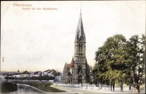 Ak Pforzheim im Schwarzwald, Partie bei der Stadtkirche, Alle, Wohnhäuser, Flussufer
